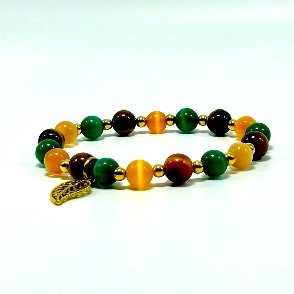 Handmade Fall Leaf Charm Bracelet Featuring Natural Cat Eye & Tiger Eye Stones! - Picture 5 of 5